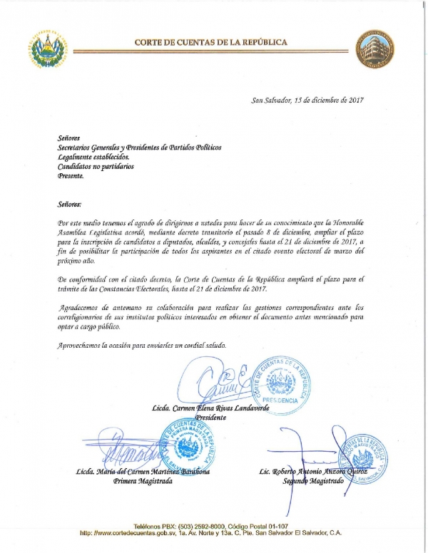 ORGANISMO DE DIRECCI&Oacute;N CCR INFORMA A SECRETARIOS GENERALES, PRESIDENTES DE PARTIDOS POL&Iacute;TICOS Y A CANDIDATOS NO PARTIDARIOS: