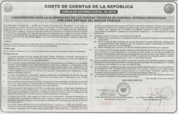 CORTE DE CUENTAS EMITE LINEAMIENTOS PARA LA ELABORACI&Oacute;N DE LAS NORMAS T&Eacute;CNICAS DE CONTROL INTERNO ESPEC&Iacute;FICAS POR CADA ENTIDAD DEL SECTOR P&Uacute;BLICO