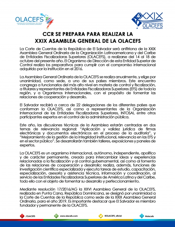 CCR SE PREPARA PARA REALIZAR LA XXIX ASAMBLEA GENERAL DE LA OLACEFS