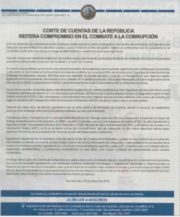 CORTE DE CUENTAS DE LA REP&Uacute;BLICA REITERA COMPROMISO EN EL COMBATE A LA CORRUPCI&Oacute;N