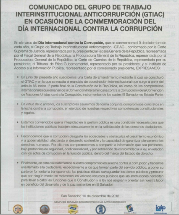 COMUNICADO DEL GRUPO DE TRABAJO INTERINSTITUCIONAL ANTICORRUPCI&Oacute;N (GTIAC) EN OCASI&Oacute;N DE LA CONMEMORACI&Oacute;N DEL D&Iacute;A NACIONAL ANTICORRUPCI&Oacute;N.