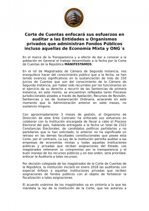 CORTE DE CUENTAS ENFOCAR&Aacute; SUS ESFUERZOS EN AUDITAR A LAS ENTIDADES U ORGANISMOS PRIVADOS QUE ADMINISTRAN FONDOS P&Uacute;BLICOS INCLUSO AQUELLAS DE ECONOM&Iacute;A MIXTA Y ONG&acute;S