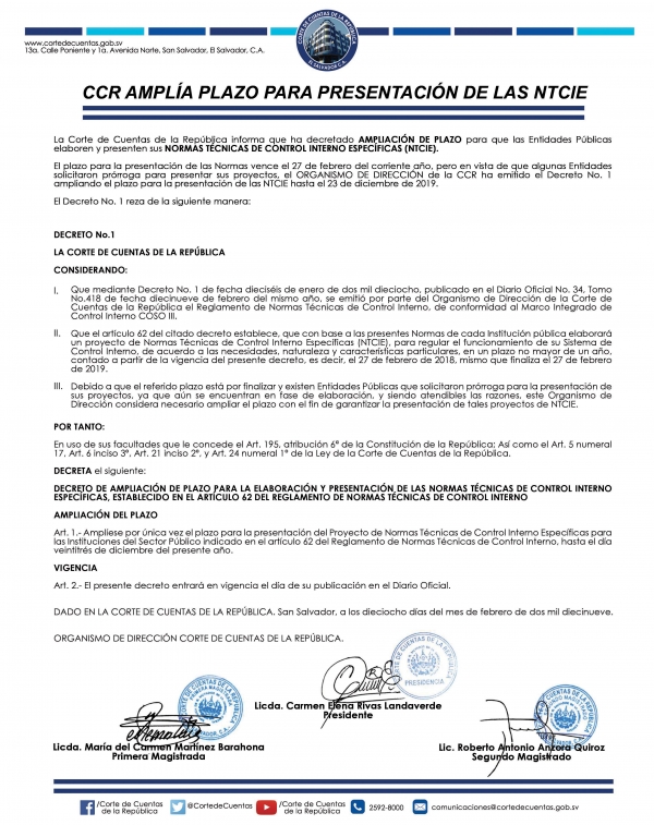 CCR AMPL&Iacute;A PLAZO PARA PRESENTACI&Oacute;N DE NORMAS DE CONTROL INTERNO ESPEC&Iacute;FICAS DE LAS ENTIDADES P&Uacute;BLICAS DEL PA&Iacute;S