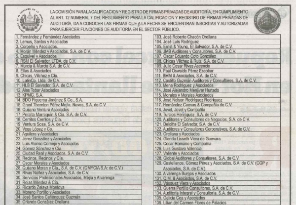 CCR DA A CONOCER FIRMAS PRIVADAS DE AUDITOR&Iacute;A INSCRITAS Y AUTORIZADAS PARA EJERCER FUNCIONES DE AUDITOR&Iacute;A EN EL SECTOR P&Uacute;BLICO