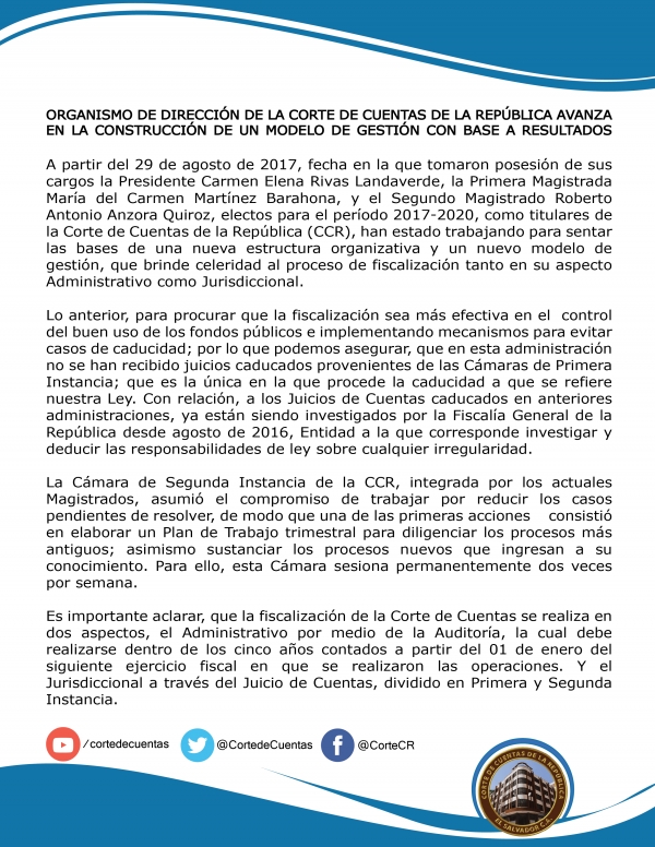 ORGANISMO DE DIRECCI&Oacute;N DE LA CORTE DE CUENTAS DE LA REP&Uacute;BLICA AVANZA EN LA CONSTRUCCI&Oacute;N DE UN MODELO DE GESTI&Oacute;N CON BASE A RESULTADOS