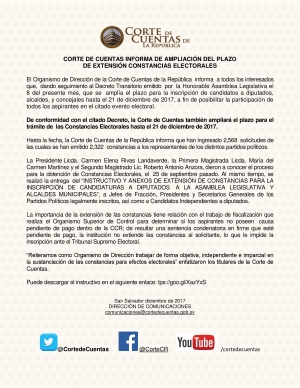 CORTE DE CUENTAS INFORMA DE AMPLIACI&Oacute;N DEL PLAZO DE EXTENSI&Oacute;N CONSTANCIAS ELECTORALES